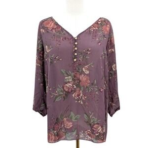 Moody Floral Cottagecore Tunic Blouse Button Neck Long Sleeve Women's L